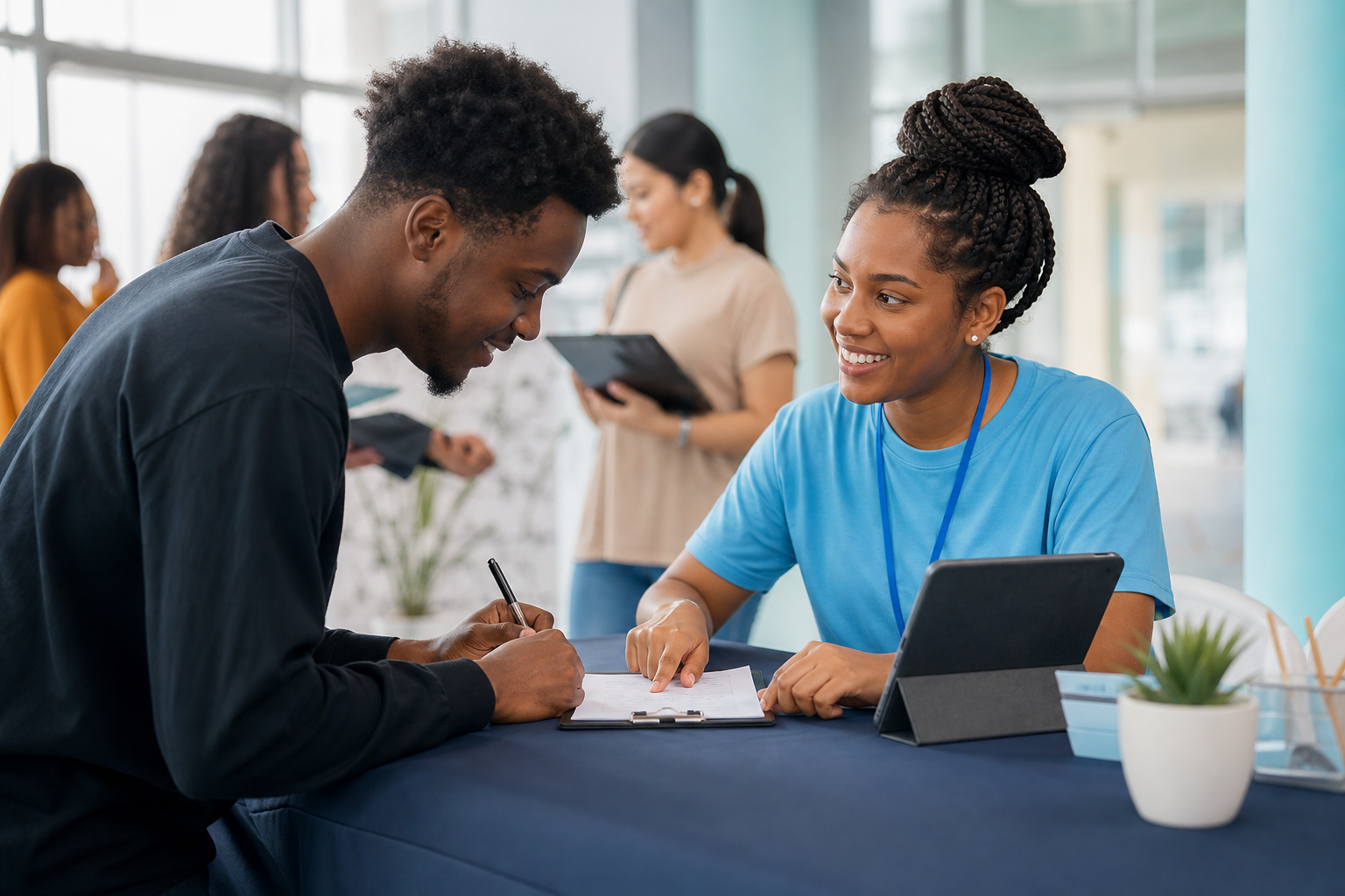 Volunteer helping a young adult sign up